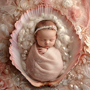 May include: A newborn baby girl sleeping peacefully in a pink seashell with a white headband and a pink blanket. The seashell is surrounded by pearls, feathers, and flowers.