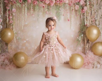 Pink Gold Balloon Garland digital background, Fine Art photography digital backdrop, Cake Smash, Birthday Studio composite,Photoshop overlay