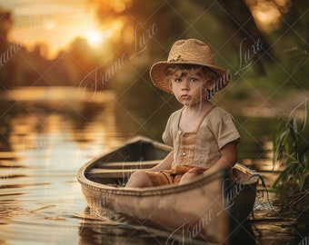 Sunset River Canoe digital background, Summer backdrop, Fine Art portrait photography digital backdrop, Children composite,Photoshop overlay