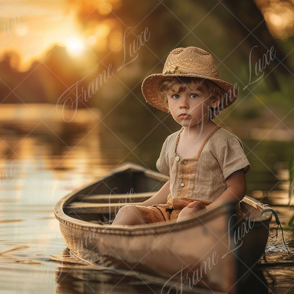 Sunset River Canoe digital background, Summer backdrop, Fine Art portrait photography digital backdrop, Children composite,Photoshop overlay