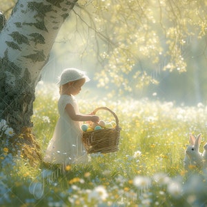 Spring Easter Bunny digital background, Flower Field, Fine Art Kids photography digital backdrop, creative composite, Photoshop overlays