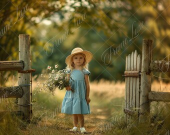 May include: A young girl wearing a blue dress and a straw hat stands in a field with a bouquet of white flowers. She is standing in front of a wooden fence with a gate.