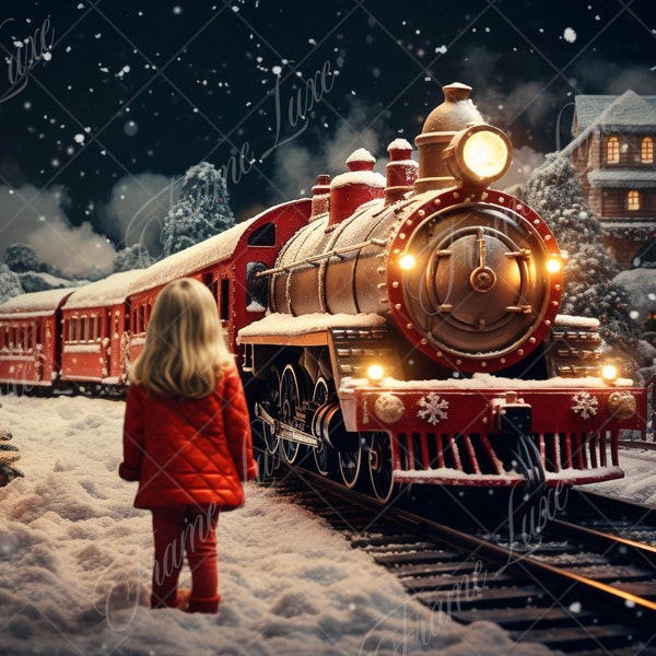Christmas North Pole Train digital background, Fine Art Holiday portrait digital backdrop, festive Xmas composite,Studio Photography overlay