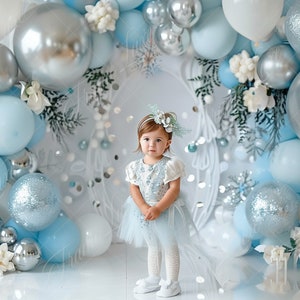 Baby Blue Silver Balloon Arch digital background, Kids portrait photography digital backdrop, Cake Smash, Studio composite,Photoshop overlay