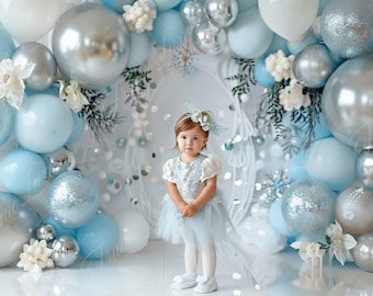 Arrière-plan numérique Baby Blue Silver Balloon Arch, toile de fond numérique pour photographie de portraits d'enfants, fracas de gâteau, composite pour Studio, superposition de Photoshop