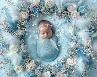 Newborn digital background, Baby Girl Blue Flower and Feather,Fine Art photography digital backdrop, Photography overlays,Creative Composite