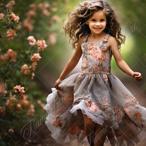 May include: A young girl with long, curly brown hair wearing a floral print dress with a light gray base and peach colored flowers. She is smiling and running through a garden with green foliage and pink flowers.