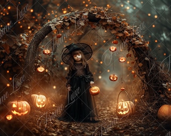 Spooky Halloween Arch digital background, Soft Focus, Autumn portrait photography backdrop, children creative composite, Photoshop overlay