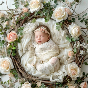Newborn Digital Backdrop, Baby Girl white flower basket, Spring Floral Composite digital background, Photoshop Overlays, Studio Background