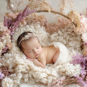 Noworodek Tło Cyfrowe, Boho Lilac Flower Basket, Noworodek dziewczynka Tło Cyfrowe Kompozytowe, Nakładki Photoshop, Tło Studio