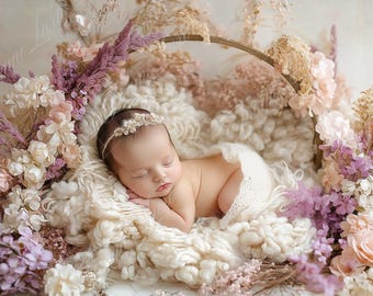 Newborn Digital Backdrop, Boho Lilac Flower Basket, Newborn baby girl Composite digital background, Photoshop Overlays, Studio Background