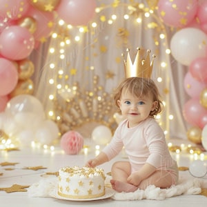 May include: A young child wearing a gold crown sits on a white blanket in front of a pink and gold balloon arch. The child is holding a white cake with gold stars on it. The cake is on a white plate.