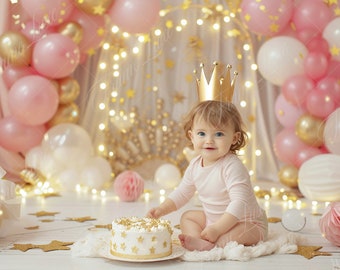 Pink Princess Balloon Arch digital background, Kids portrait photography digital backdrop, Cake Smash birthday background, Photoshop overlay
