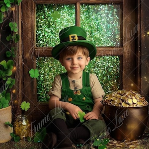 May include: A young child dressed as a leprechaun sits in front of a window with green glitter. The child is wearing a green vest, green pants, and a green hat with a gold buckle. The child is holding a pot of gold coins.