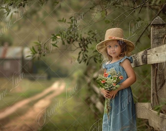 Rustic fence in country side digital background, nature Path,Spring Summer portrait digital backdrop, creative composite,Photography overlay
