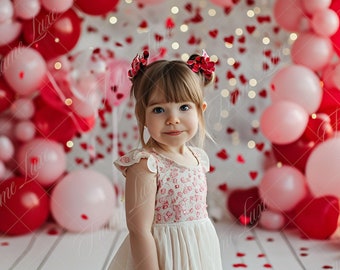 Palloncini di San Valentino su sfondo digitale della stanza bianca, sfondo fotografico per ritratti d'arte, composito di San Valentino, sovrapposizione di Photoshop