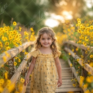 Yellow Flower Wood Bridge digital background, Fine Art portrait photography digital backdrop, fantasy creative composite, Photoshop overlay