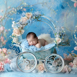 Digitale achtergrond pasgeborene, blauwe prinses kar, bloemenwagen, Fine Art fotografie digitale achtergrond, fotografie-overlays, creatieve composiet
