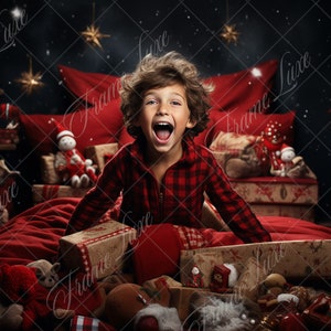Christmas Gift Box on Bed digital background, Fine Art Holiday portrait digital backdrop, festive Christmas composite, Photography overlay