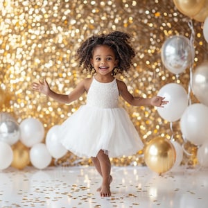 White Gold Balloon Garland digital background, New Year Kids photography digital backdrop, Cake Smash, Studio composite, Photoshop overlay