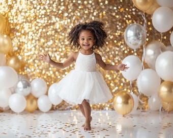 Arrière-plan numérique guirlande de ballons en or blanc, toile de fond numérique photographie nouvel an pour enfants, fracas de gâteau, studio composite, superposition de Photoshop