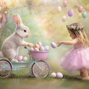 May include: A little girl in a pink dress and flower crown holds a pastel pink Easter egg. A white bunny sits on a pastel green bicycle with a basket full of pastel colored Easter eggs.