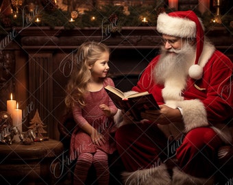 Christmas Santa Reading Book Digital Background, Fine Art Holiday portrait digital backdrop, festive Christmas composite, Photoshop overlay