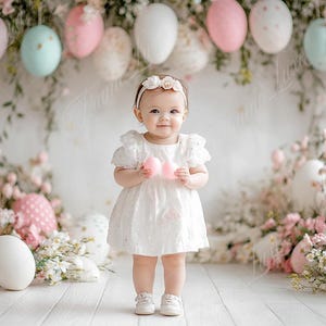 Pode incluir: Uma menina pequena vestindo um vestido branco e uma faixa de flores na cabeça segura dois ovos de Páscoa rosa na frente de um fundo de ovos de Páscoa em cores pastel e decorações florais.