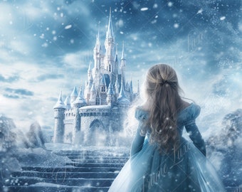 Magical Winter Ice Castle Digital Backdrop, Enchanting Frozen Wonderland for Creative Composite Photography, fantasy background overlay