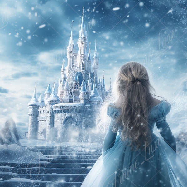 Magical Winter Ice Castle Digital Backdrop, Enchanting Frozen Wonderland for Creative Composite Photography, fantasy background overlay