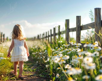 Country Path digital background, Rustic Fence, Daisy Flowers, Summer Landscape, photography backdrop, creative composite, Photoshop overlay
