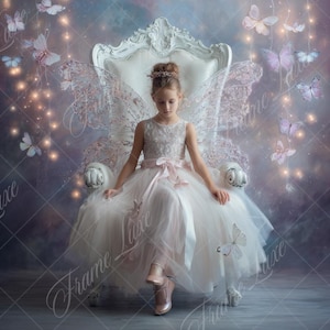 May include: A young person in a white dress sits on an ornate white chair with butterfly wings. The dress has a pink bow and the background is a dreamy mix of purple, blue, and gold with butterflies and sparkling lights.