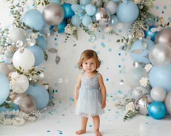 Arrière-plan numérique Baby Blue Silver Balloon Arch, toile de fond numérique pour photographie de portraits d'enfants, fracas de gâteau, composite pour Studio, superposition de Photoshop