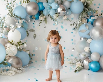 Fondo digital Baby Blue Silver Balloon Arch, fondo digital de fotografía de retratos para niños, Cake Smash, compuesto de estudio, superposición de Photoshop