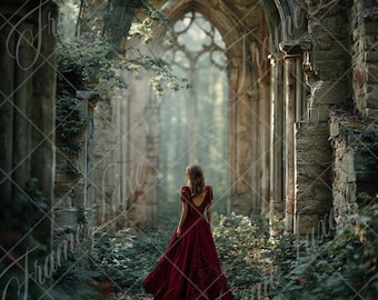 Gothic Ruins Digital Backdrop | Overgrown Abbey Archway Background | Fantasy Fine Art Photography Composite | Moody Forest Cathedral Ruins