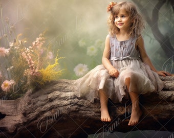Spring Wood Log digital background, Fine Art portrait photography digital backdrop, Soft focus composite, enchanted forest,Photoshop overlay