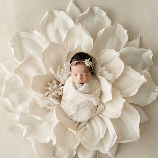 Fondo digital para recién nacidos, Baby Girl White Flower on Beige, Fondo digital de fotografía de bellas artes, Superposiciones de fotografía, Compuesto creativo