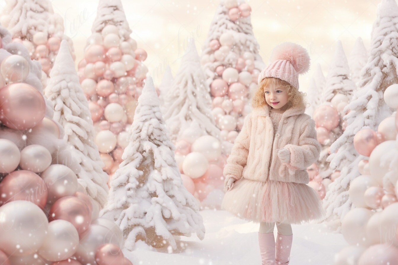Pink Christmas Tree Forest Digital Background, Fine Art Holiday