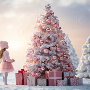 Pinker Weihnachtsbaum digitaler Hintergrund, Fine Art Porträt-Fotografie digitaler Hintergrund, Winter-Wunderland-Komposit, Photoshop Overlay Weihnachten