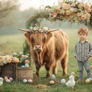 May include: A young boy in a plaid shirt stands next to a Highland cow wearing a flower crown. The cow is standing in a field with a floral archway behind it. There are colorful Easter eggs scattered on the ground.