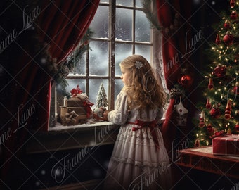 Christmas Window digital background, Fine Art Holiday portrait digital backdrop, festive Christmas composite, Studio Photography overlay