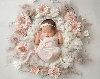 Newborn Digital Backdrop, Baby Girl Pink Cream Flowers, Spring Floral Composite digital background, Photoshop Overlays, Studio Background