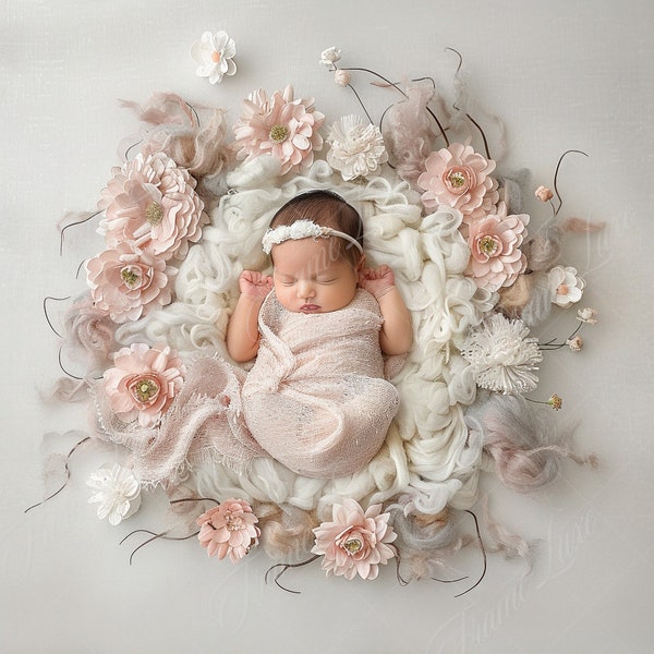 Newborn Digital Backdrop, Baby Girl Pink Cream Flowers, Spring Floral Composite digital background, Photoshop Overlays, Studio Background