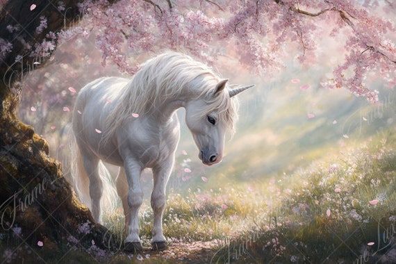 White Unicorn Under Cherry Blossom Tree Digital Backdrop, Flower