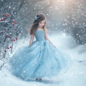 May include: A girl in a pale blue dress with a full skirt and embellished bodice stands in a snowy woodland scene. The image captures a wintery atmosphere with falling snow and frosted branches, creating a fairytale aesthetic.
