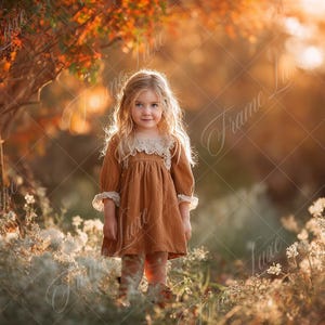 May include: A young girl with long blonde hair stands in a sunlit field, wearing a brown dress with lace trim. The dress has long sleeves with lace cuffs. The background features autumn foliage and wildflowers, creating a warm, natural scene.