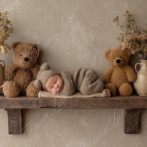 Może przedstawiać: Noworodek w dzianinowym stroju i czapce leży na małym dywaniku na drewnianej półce. Dwa brązowe misie flankują dziecko, z wazonami z suszonymi kwiatami po obu stronach. Półka jest podparta ciemnymi drewnianymi wspornikami.
