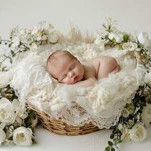 Newborn Digital Backdrop, Baby Girl white flower basket, Spring Floral Composite digital background, Photoshop Overlays, Studio Background