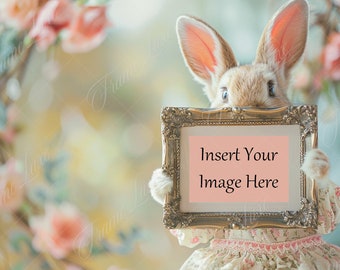 Easter Bunny Photo Frame Overlay PNG, Spring Floral, Composite digital background, Photoshop Overlays, Rabbit Backdrop, Photo Insert, Mockup