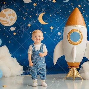 Fondo digital de estudio de nave espacial, fondo digital para fotografía de retratos de niños, torta aplastada, cumpleaños, composición creativa, superposición de Photoshop